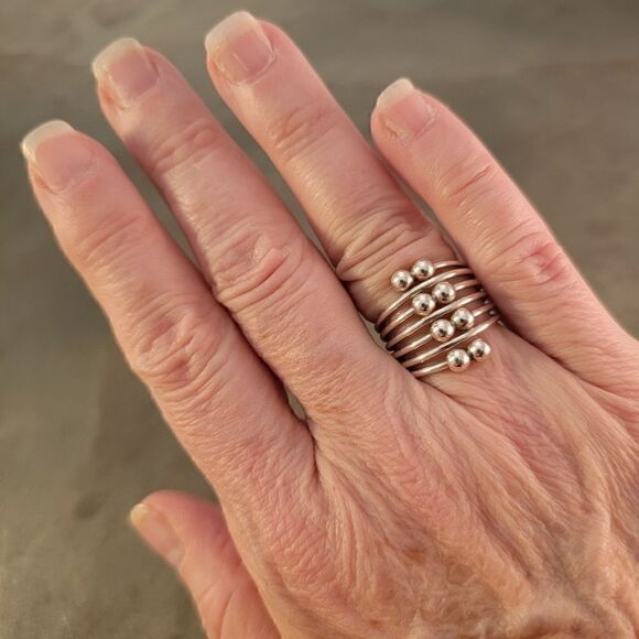 Vintage Sterling Silver Contemporary Double Ball Seven Loop Stacked - Picture 4 of 6